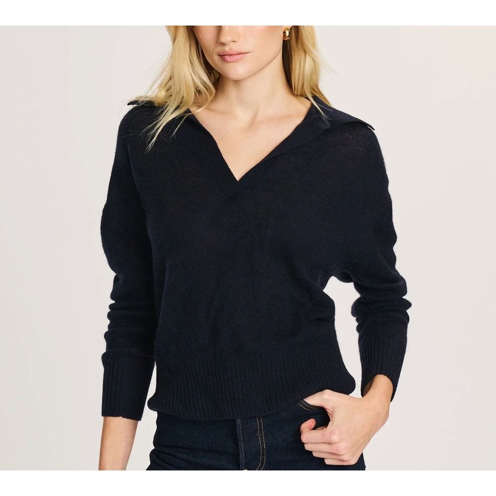 Naadam V-Neck Collared Polo Knit Sweater in Navy Blue sz S
